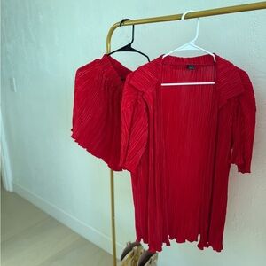 Red Pleated Bottoms and Cardigan Set